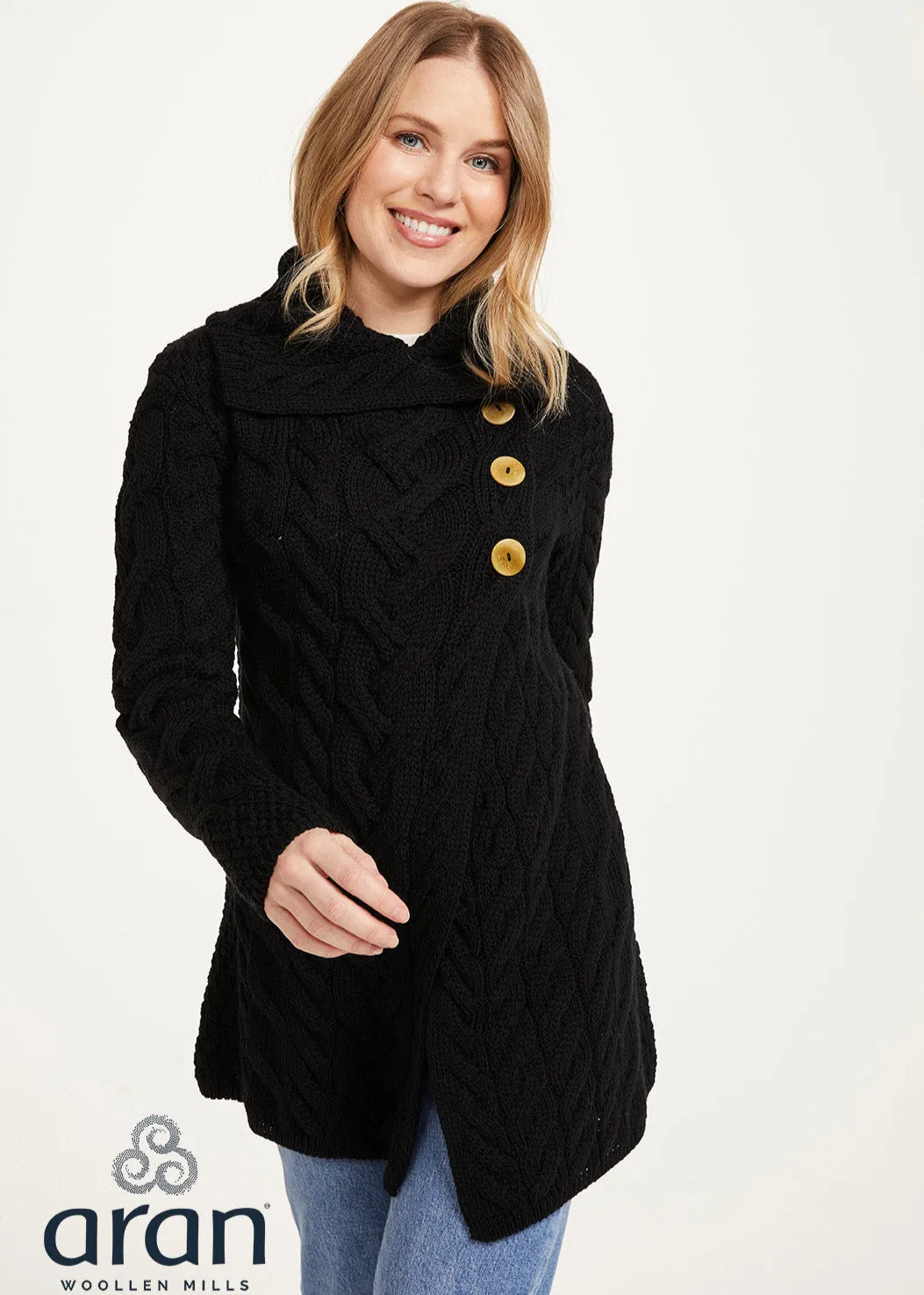 Aran 3 Buttoned Longline Cardigan | Black