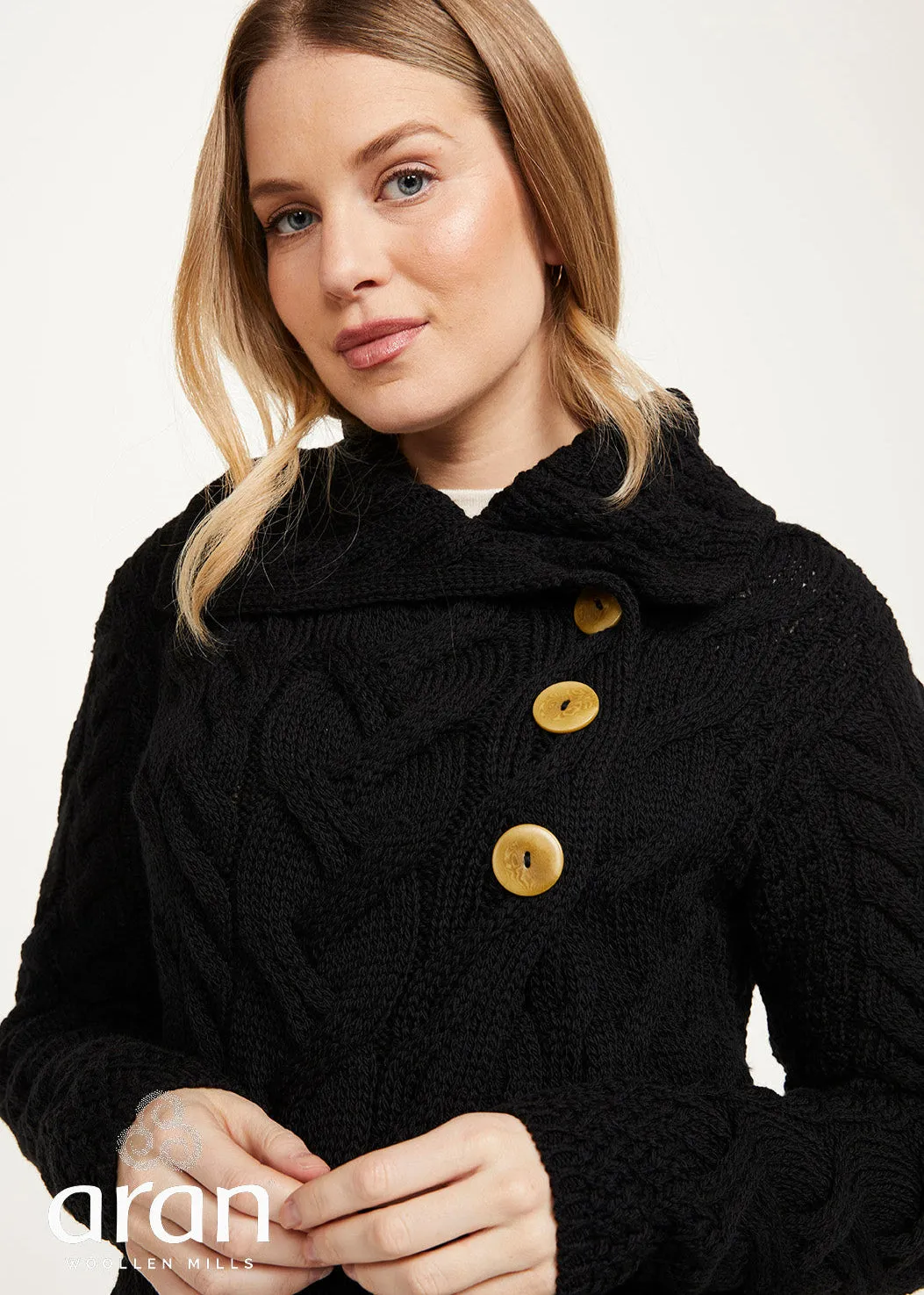 Aran 3 Buttoned Longline Cardigan | Black