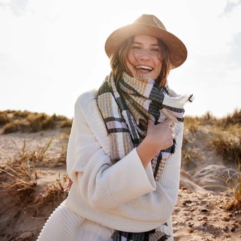 Barbour Faith Tartan Ladies Wrap Scarf - Trench/Navy
