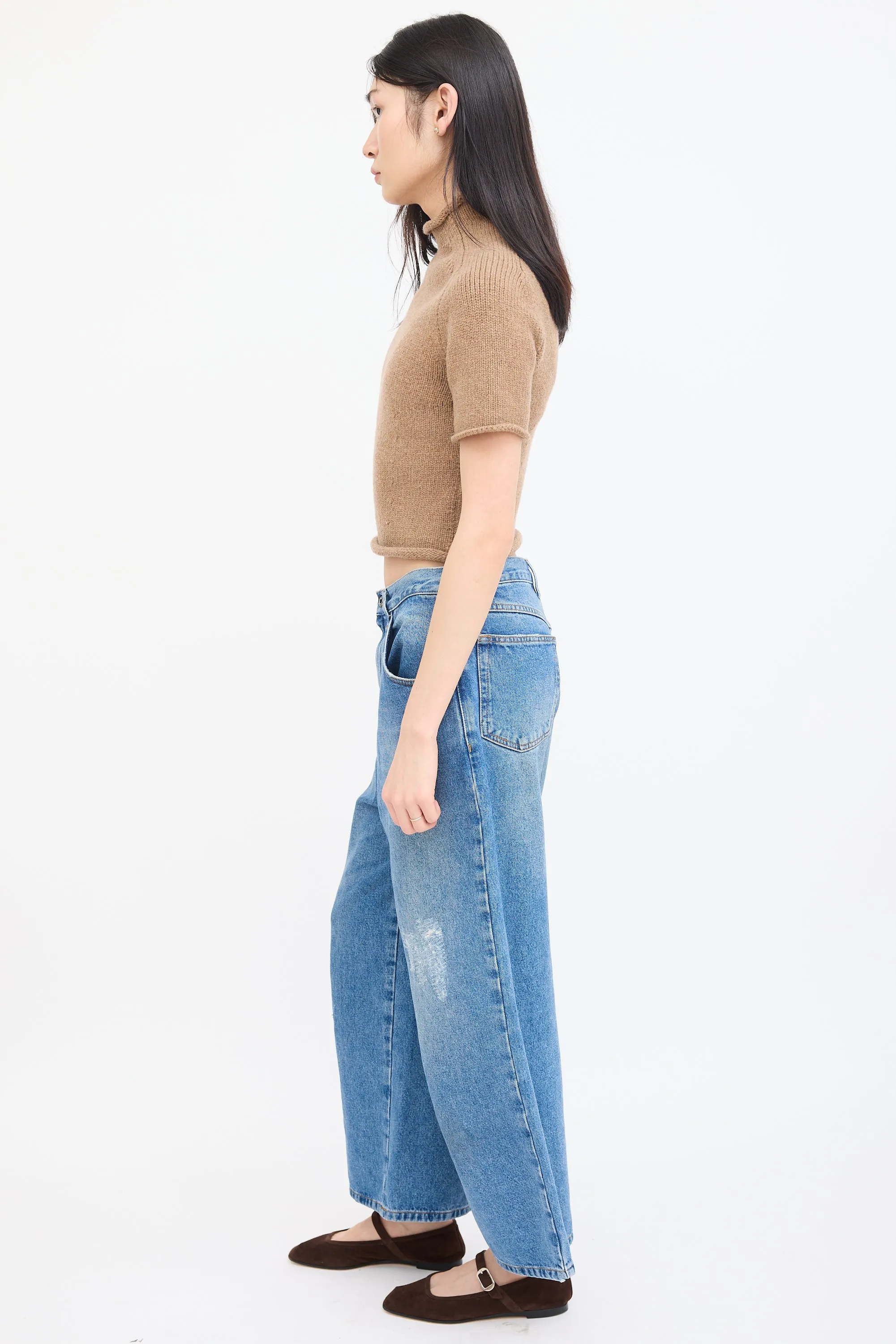 Beige Wool Knit Short Sleeve Sweater