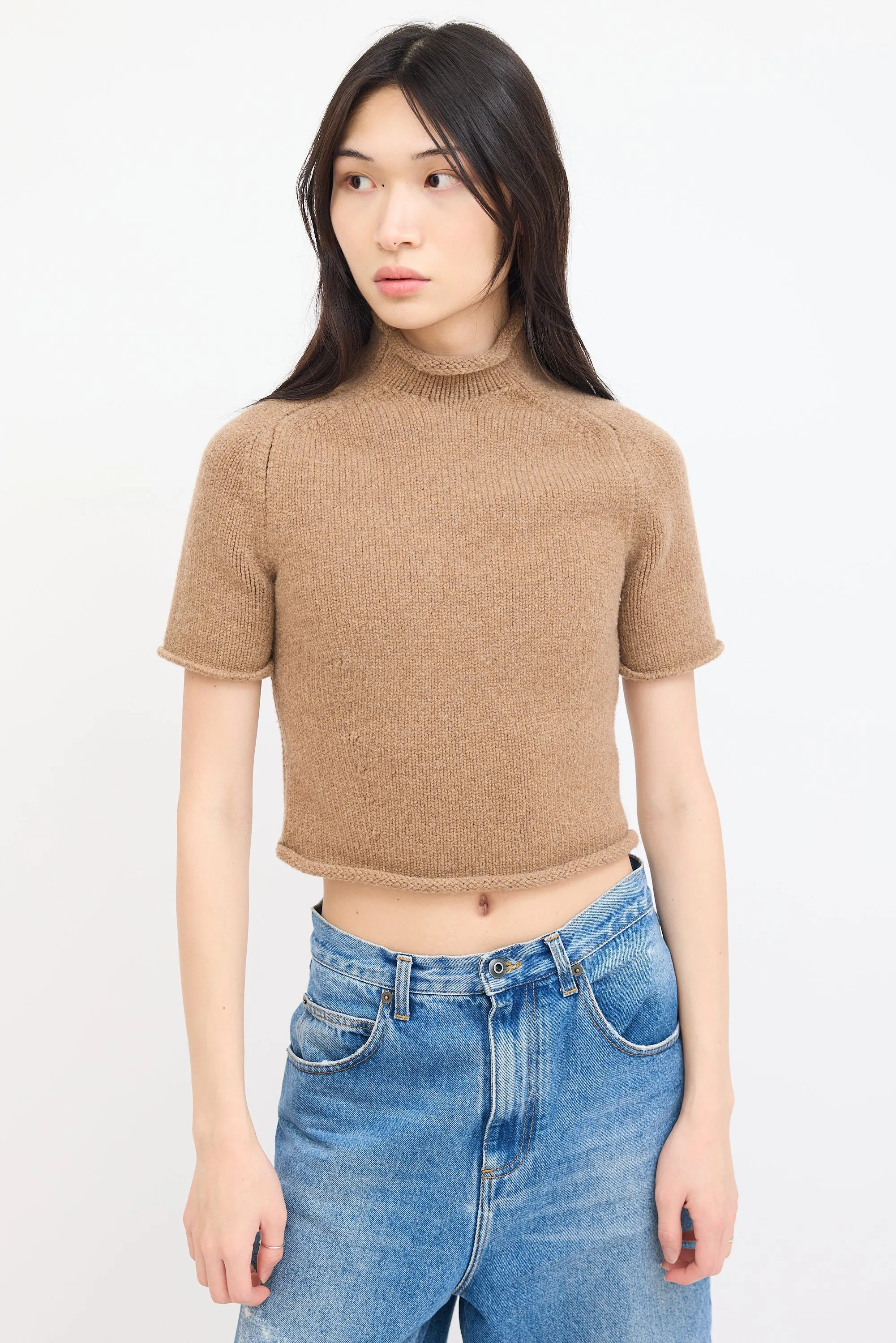 Beige Wool Knit Short Sleeve Sweater