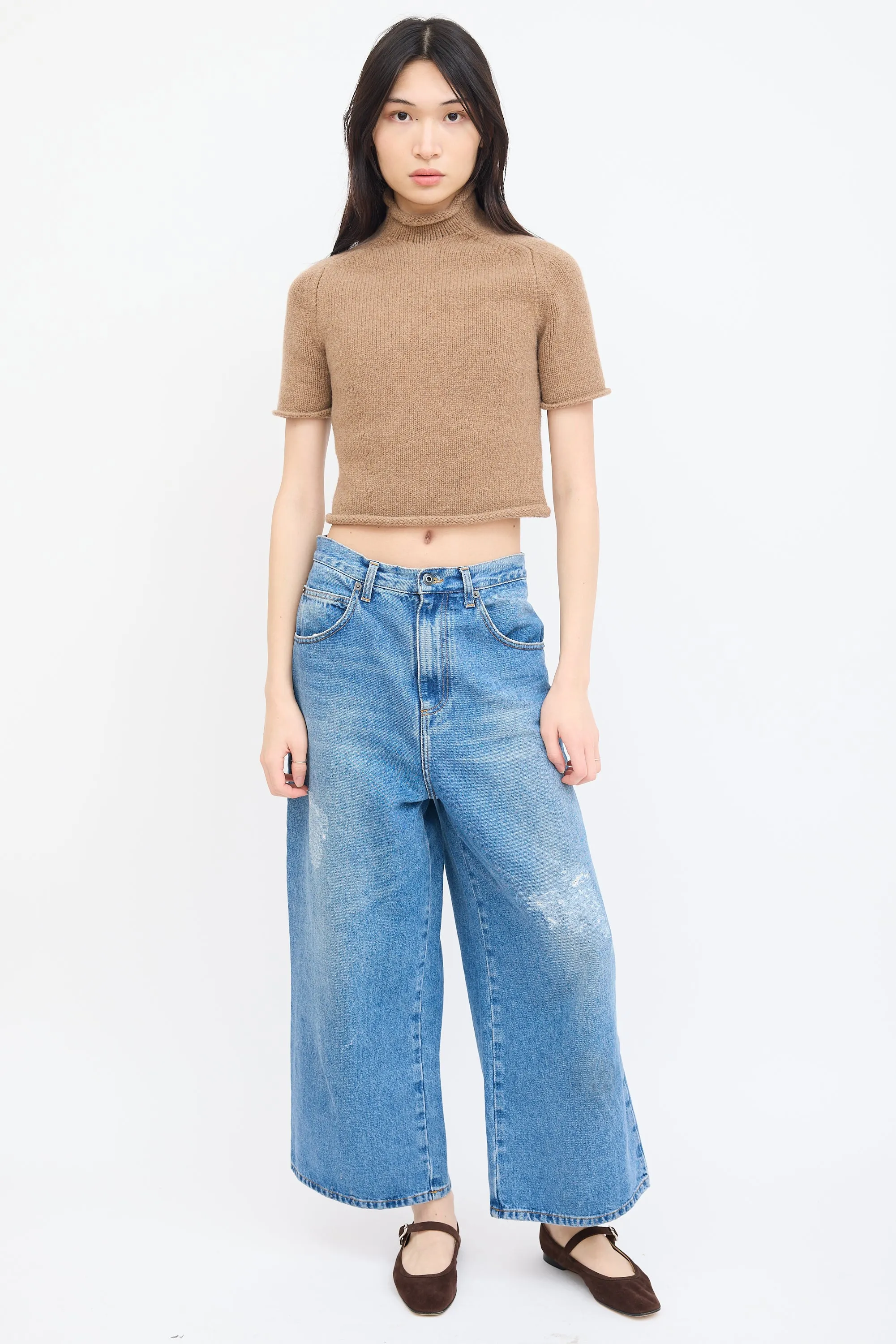 Beige Wool Knit Short Sleeve Sweater