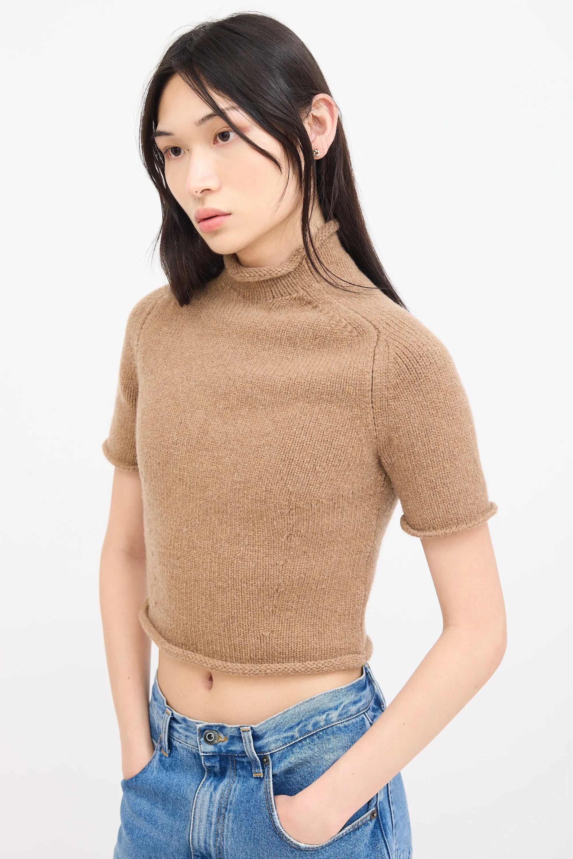 Beige Wool Knit Short Sleeve Sweater