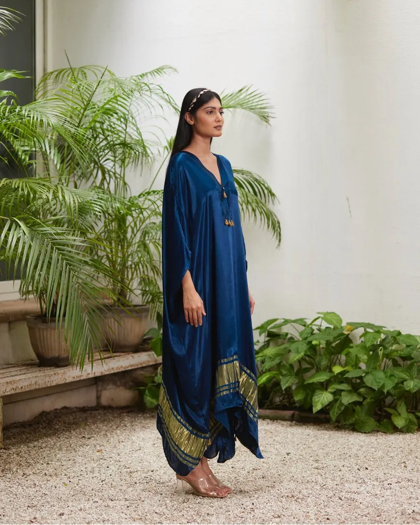 Blue Silk Kaftan With Golden Border