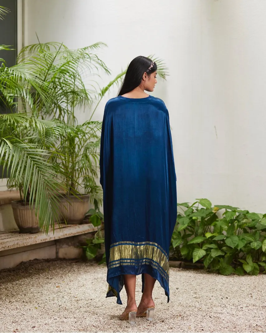 Blue Silk Kaftan With Golden Border
