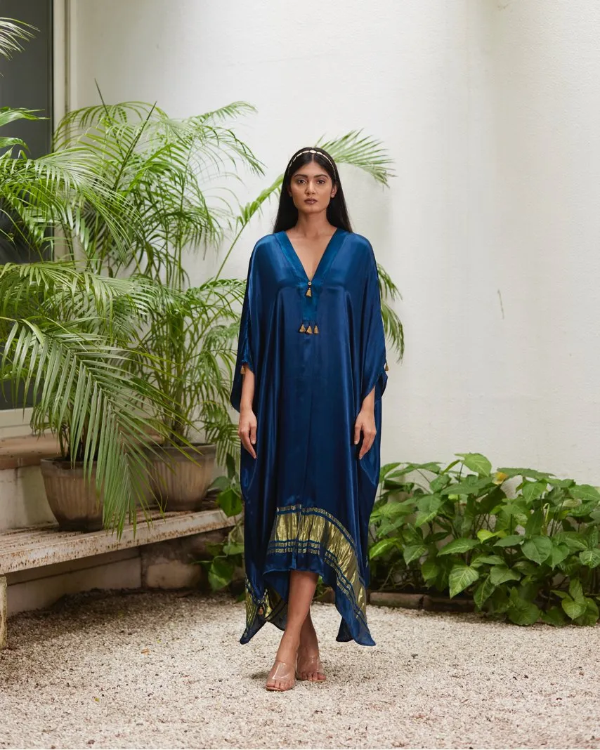 Blue Silk Kaftan With Golden Border