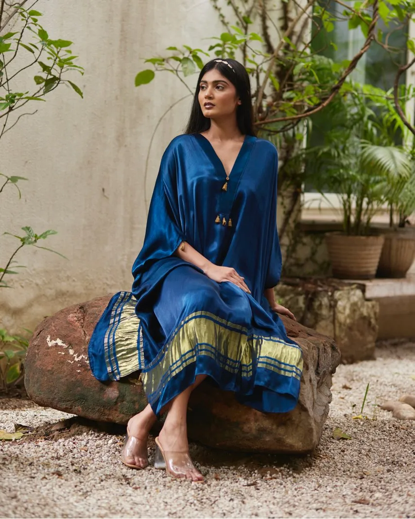 Blue Silk Kaftan With Golden Border