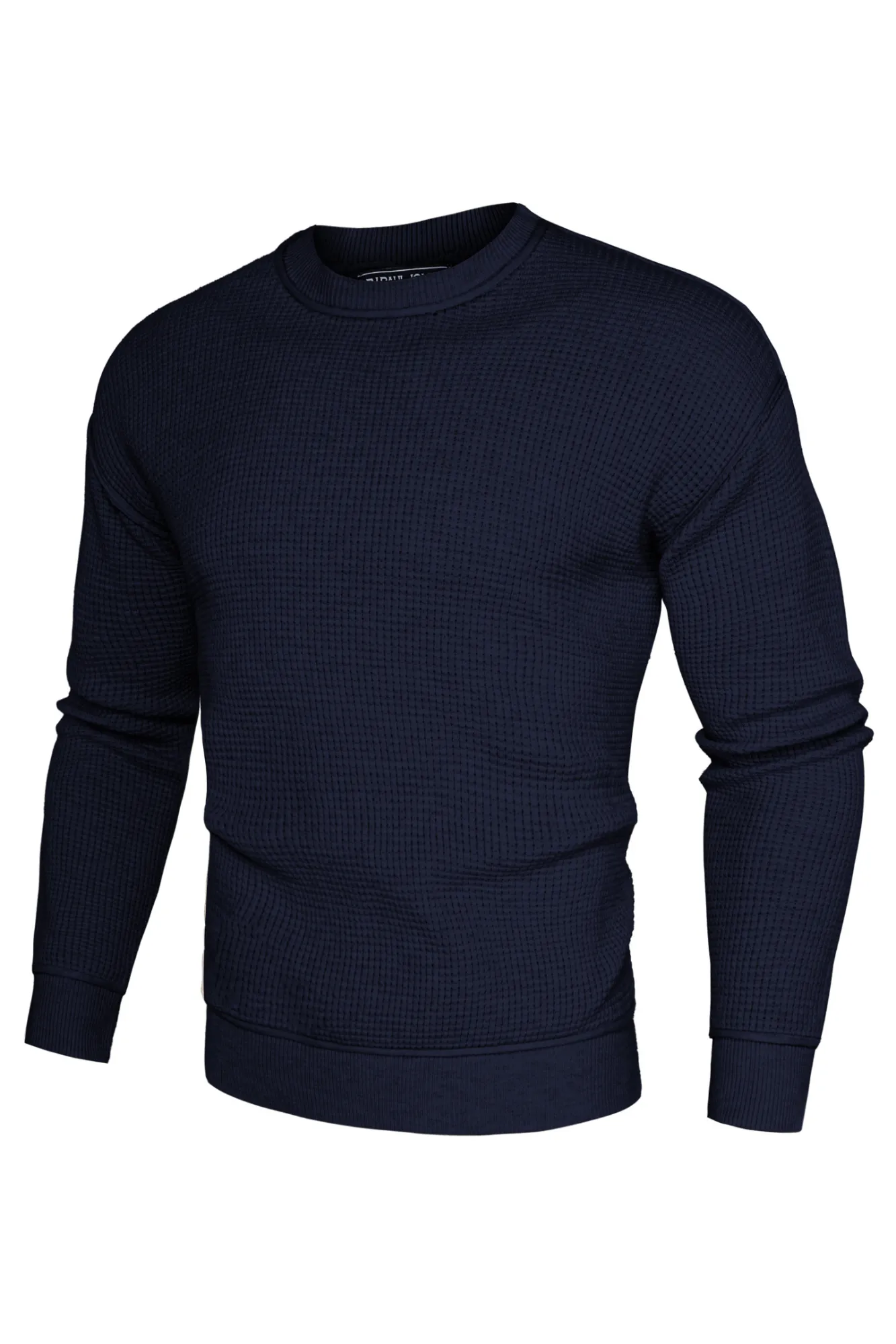 Men Waffle Textured Sweater Long Sleeve Crew Neck Dropped Shoulder Pullover