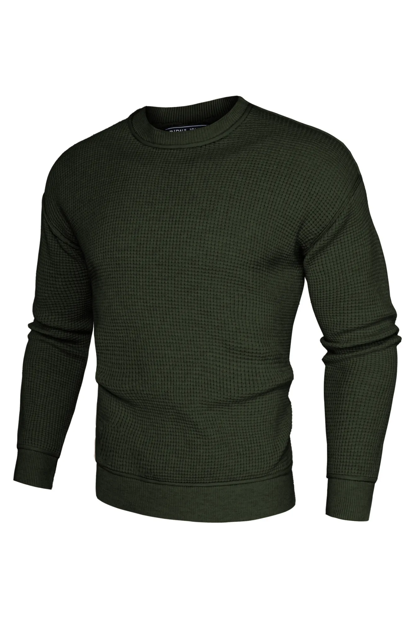 Men Waffle Textured Sweater Long Sleeve Crew Neck Dropped Shoulder Pullover