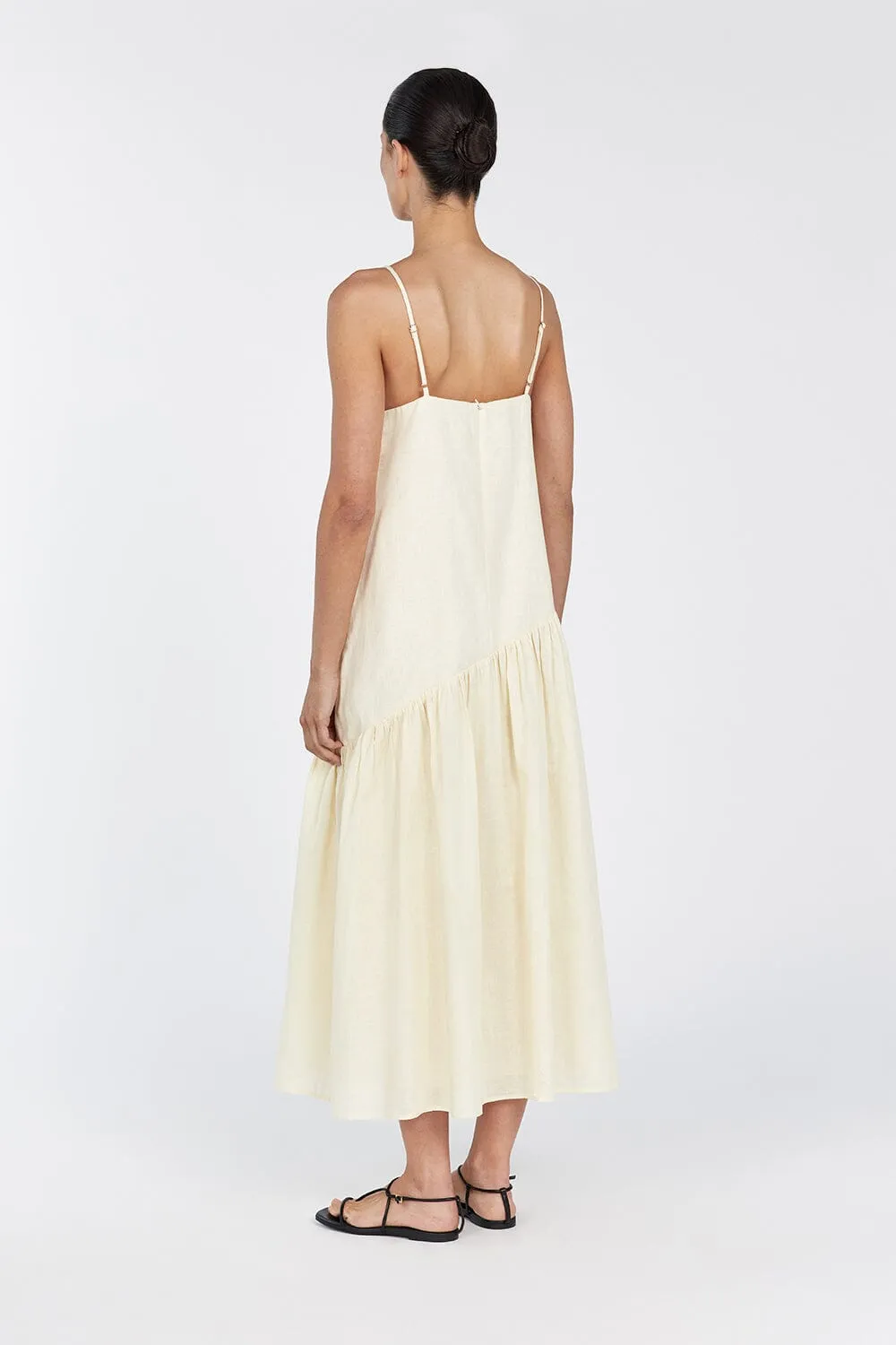 NOAH LEMON LINEN ASYM MIDI DRESS