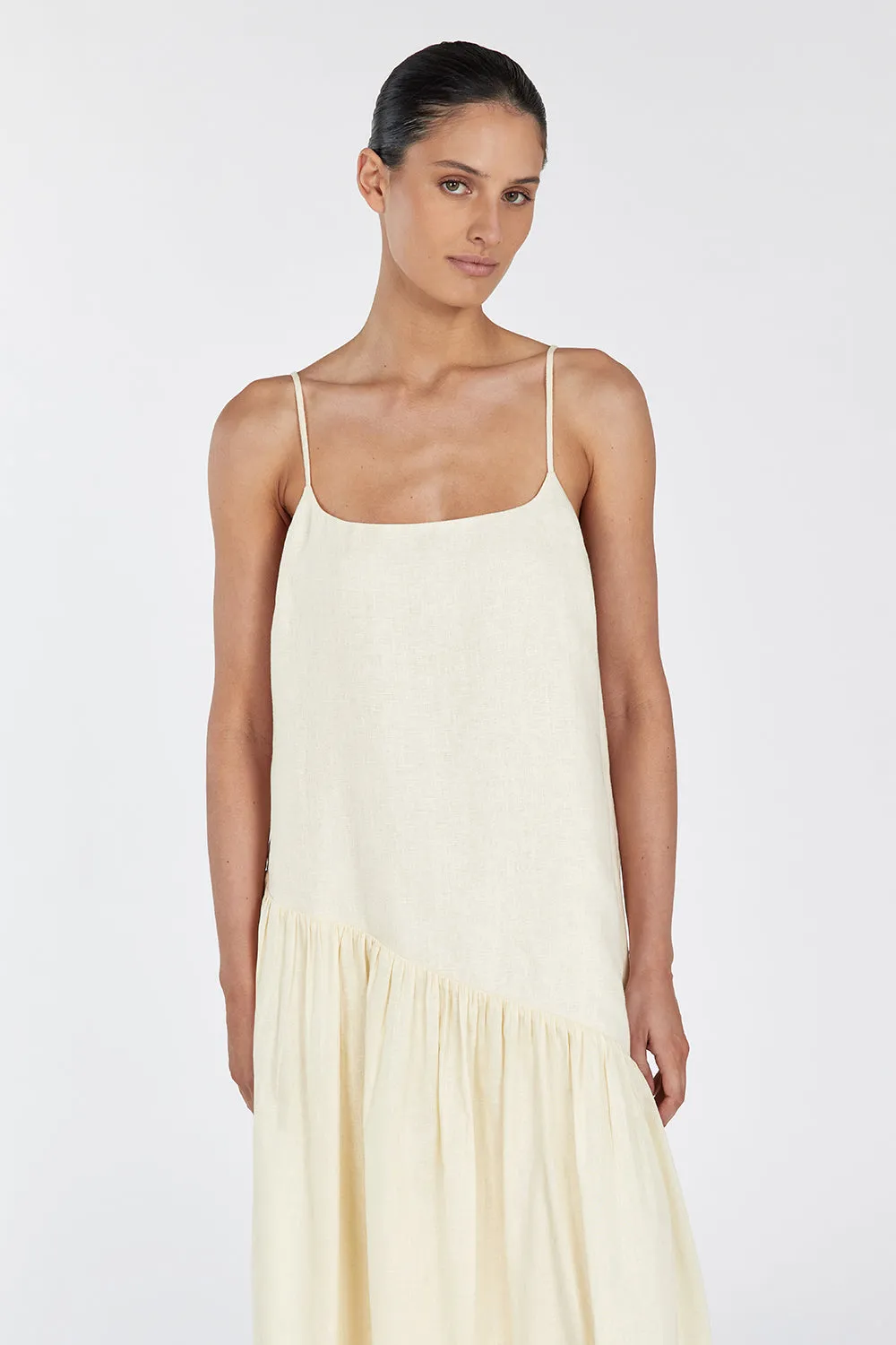 NOAH LEMON LINEN ASYM MIDI DRESS