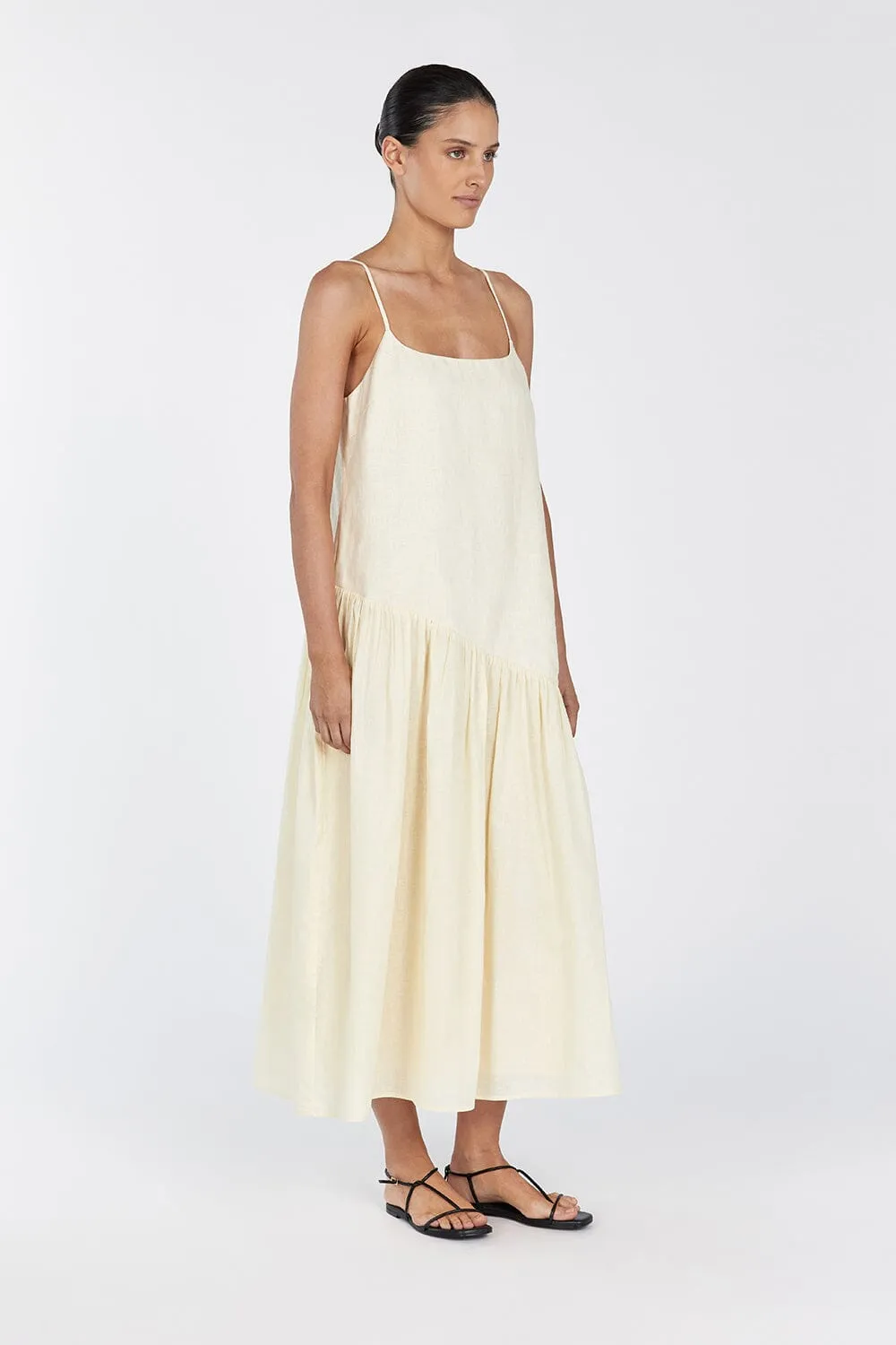 NOAH LEMON LINEN ASYM MIDI DRESS