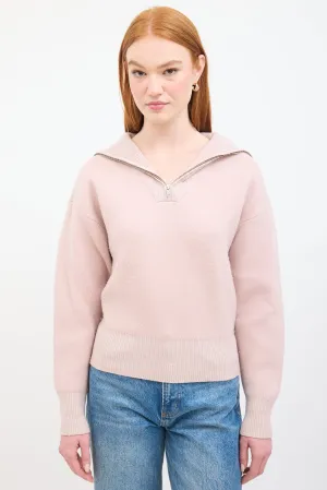 Pink Wool Ribbed Quarter Zip Sweater