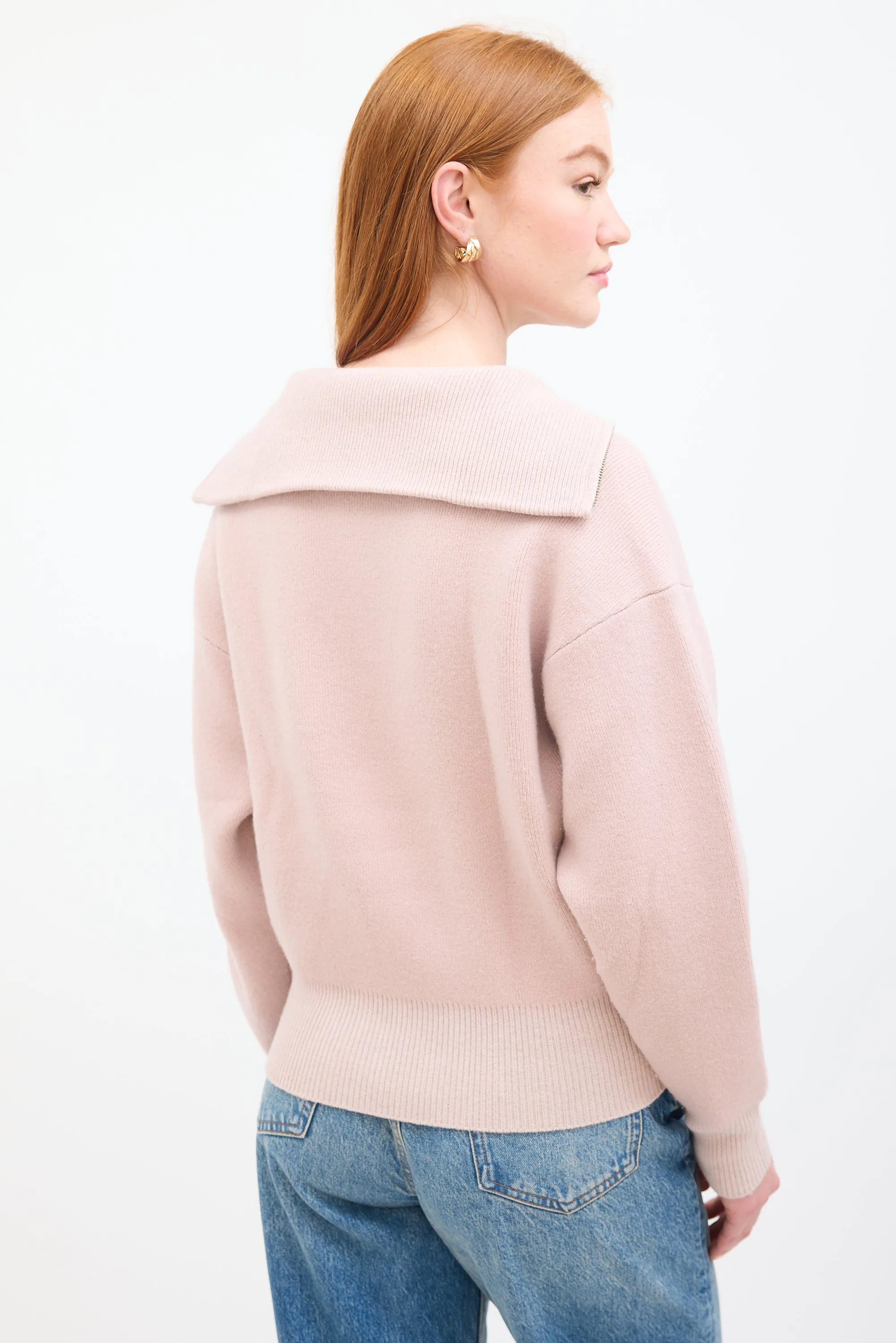 Pink Wool Ribbed Quarter Zip Sweater