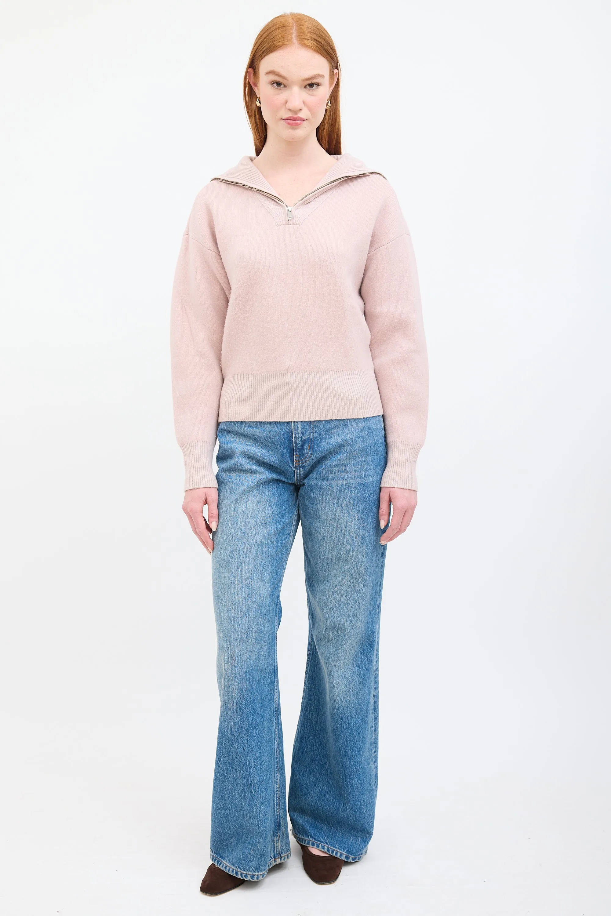 Pink Wool Ribbed Quarter Zip Sweater