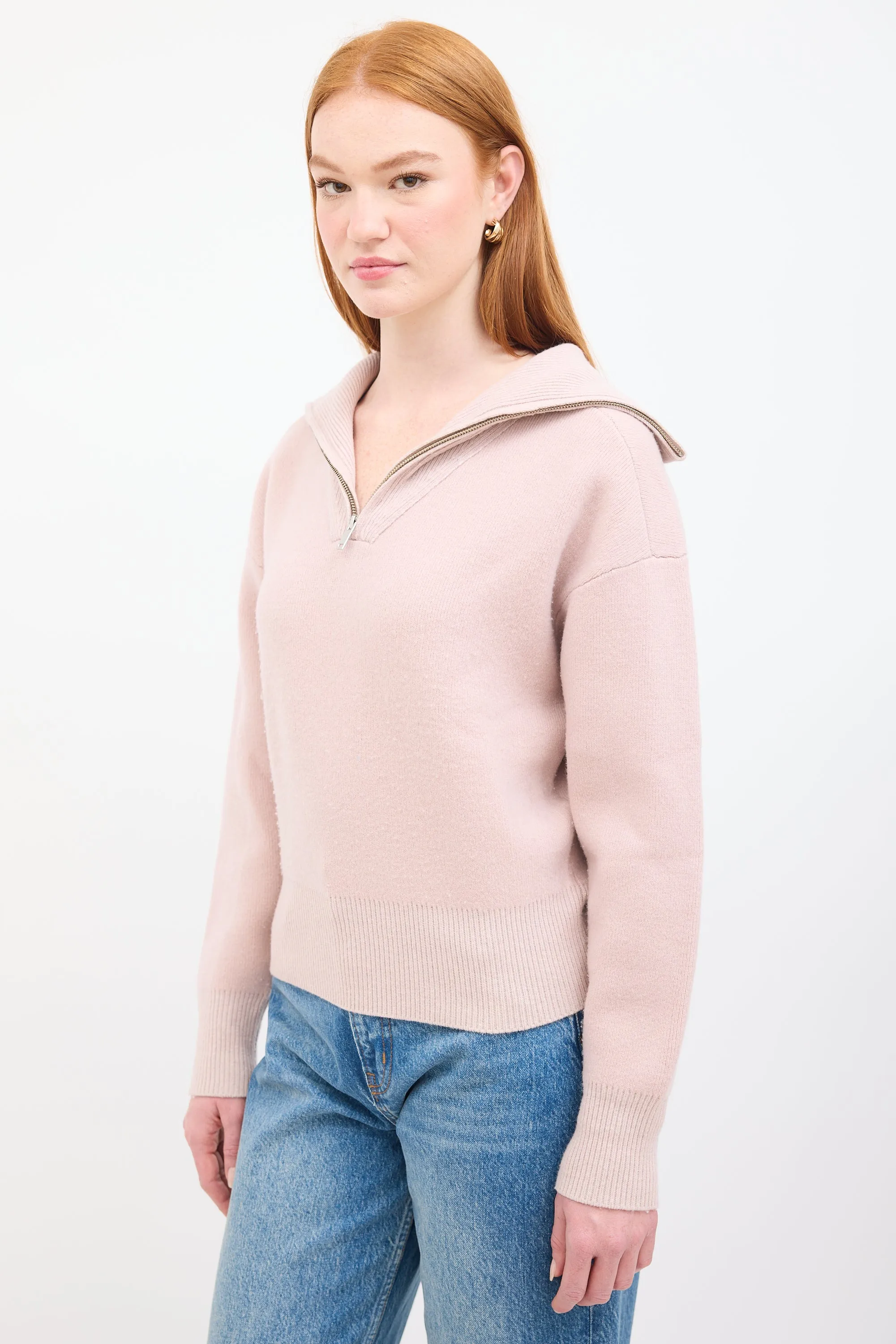 Pink Wool Ribbed Quarter Zip Sweater