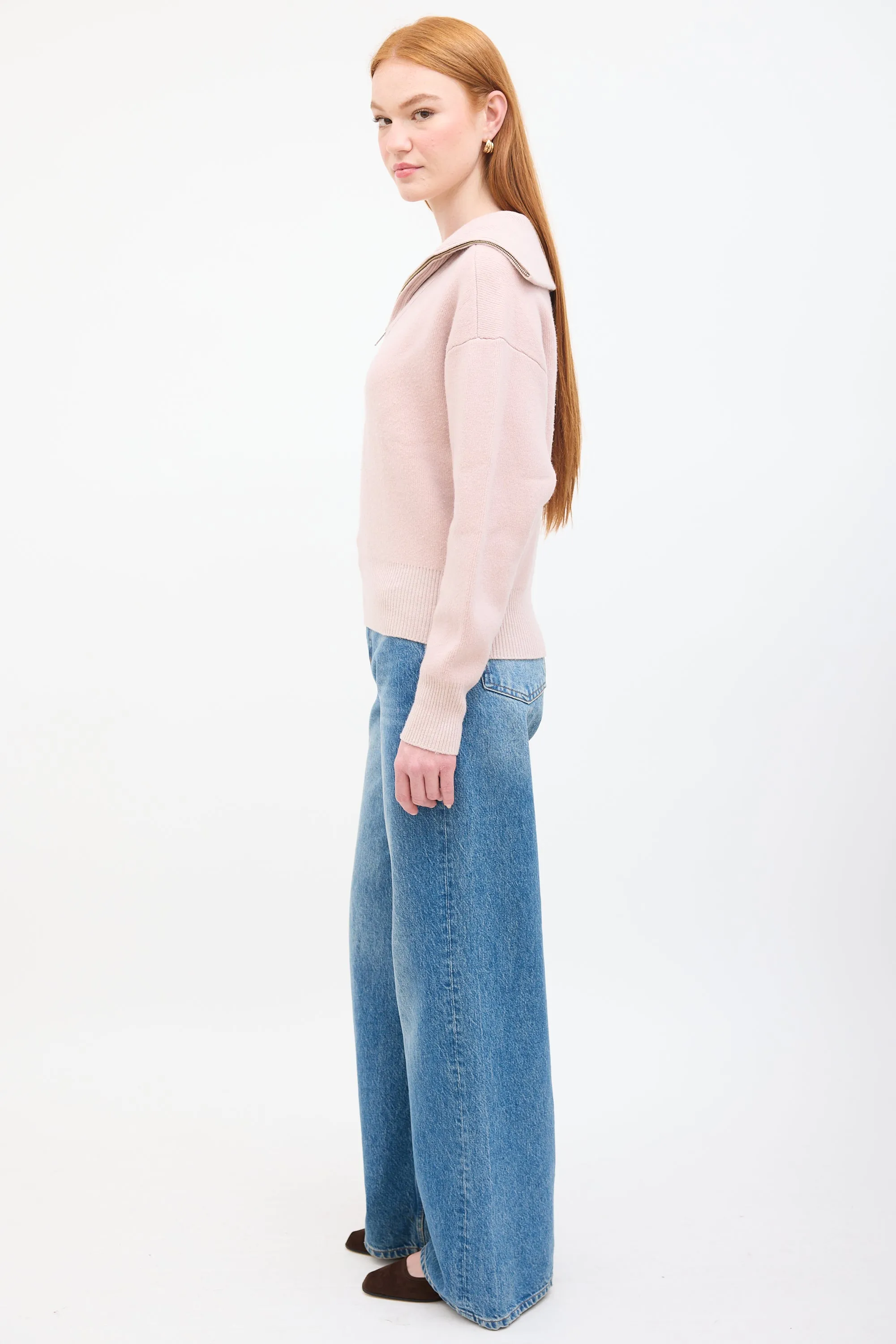 Pink Wool Ribbed Quarter Zip Sweater
