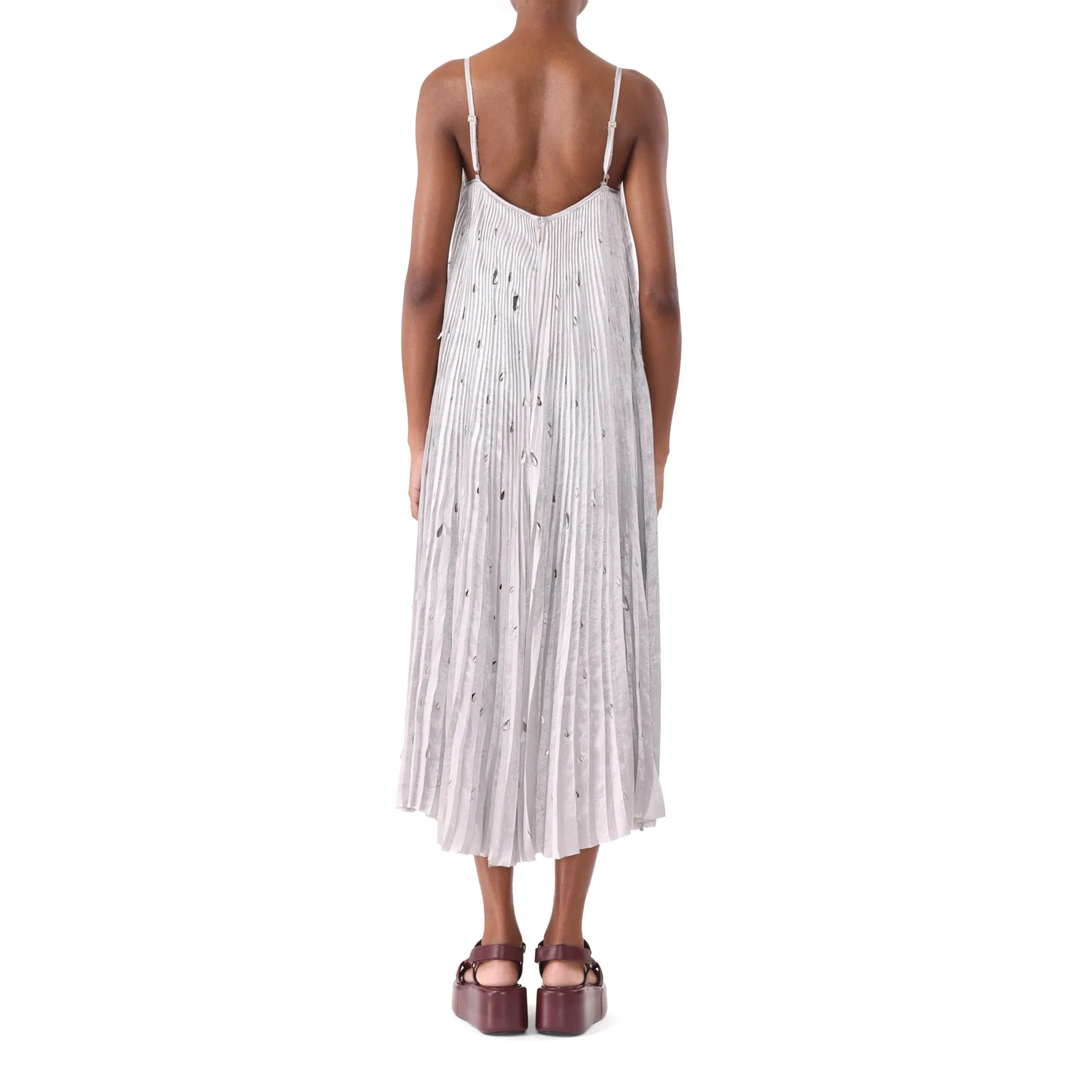 PLEATED CRINKLED SATIN SLIP DRESS WITH LASER CUT HEM