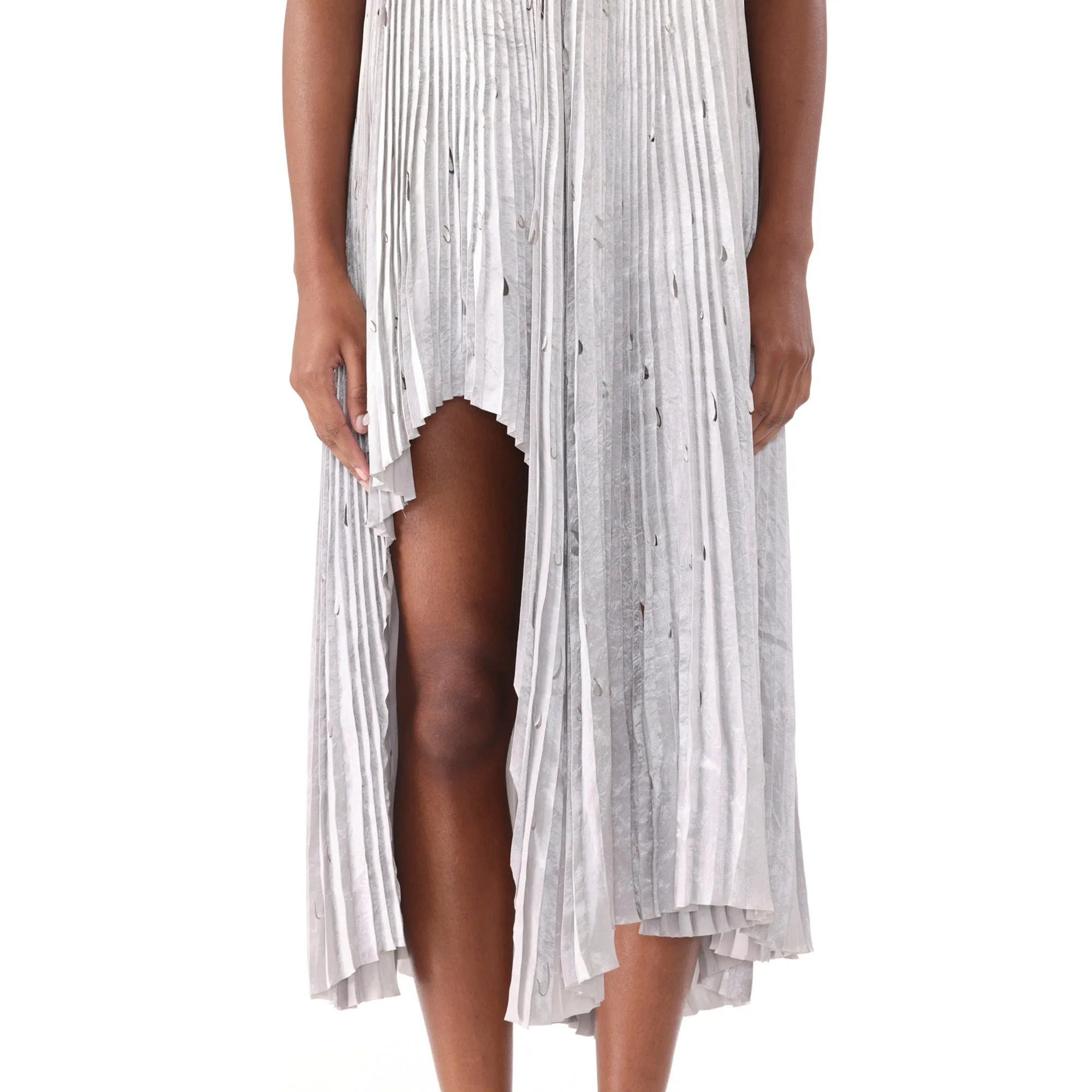PLEATED CRINKLED SATIN SLIP DRESS WITH LASER CUT HEM