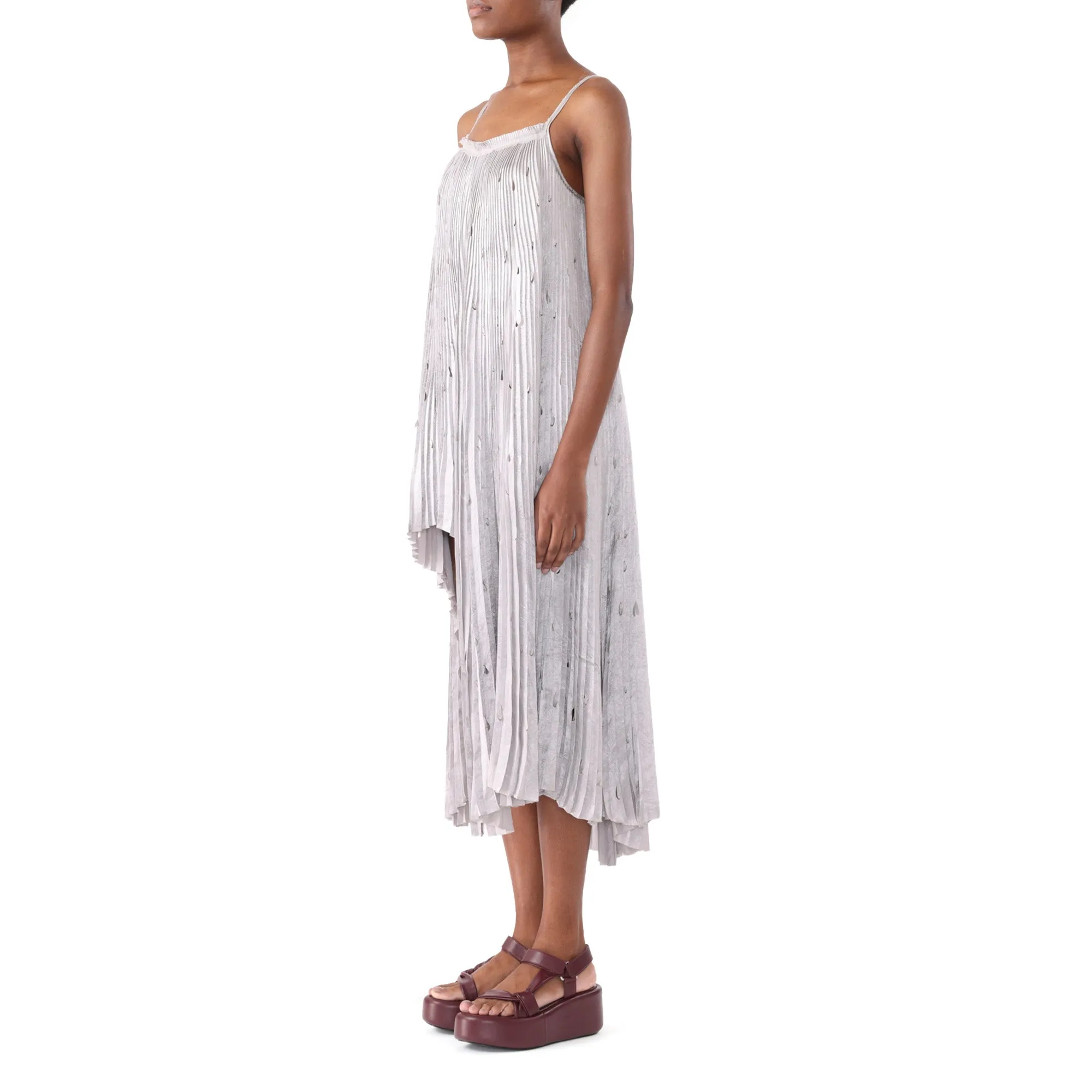 PLEATED CRINKLED SATIN SLIP DRESS WITH LASER CUT HEM