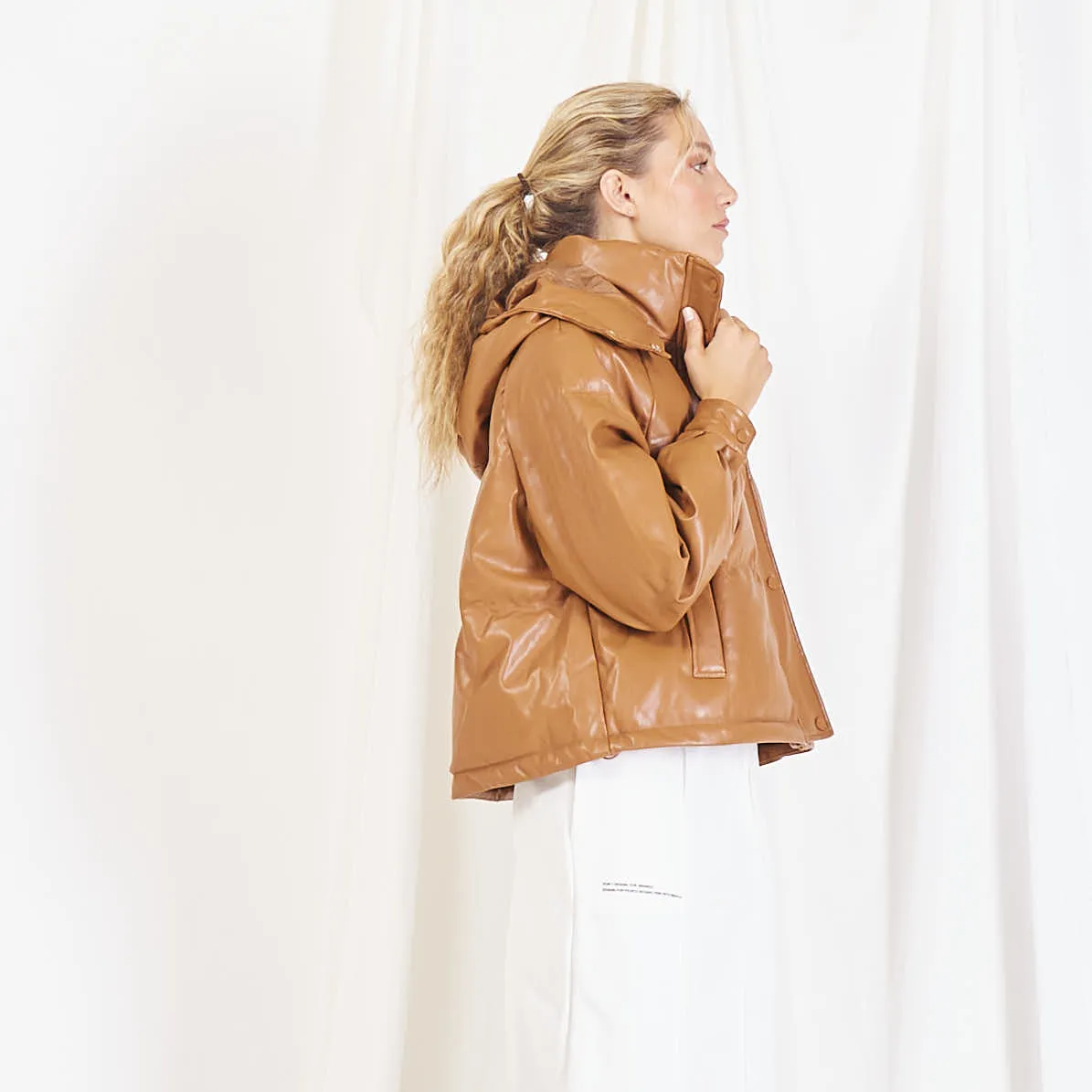 Wholesale leather padded jacket with detachable hood