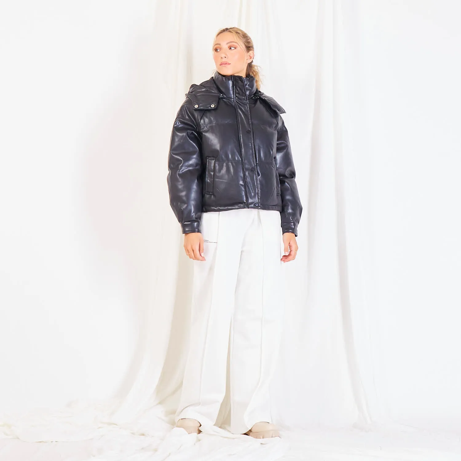 Wholesale leather padded jacket with detachable hood