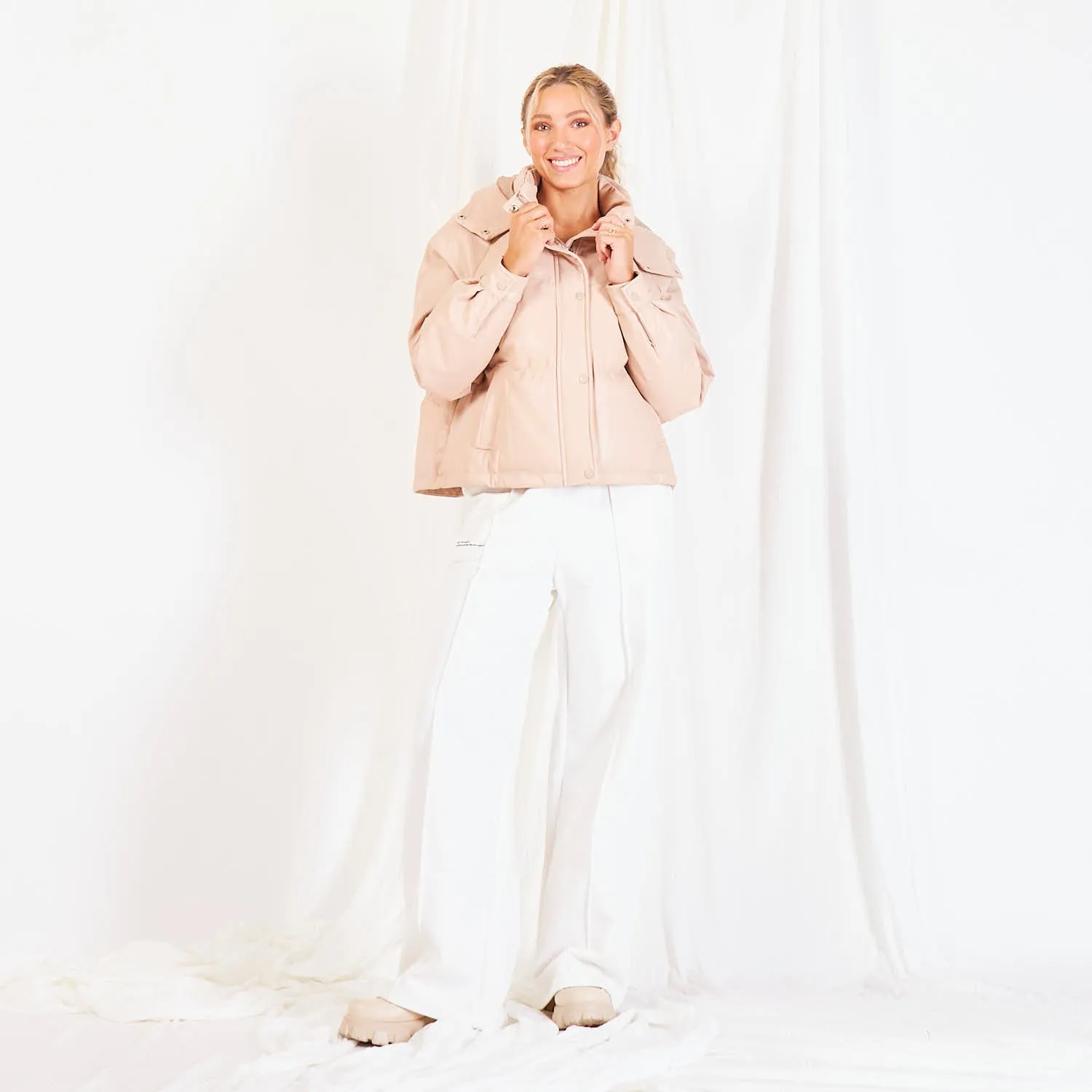 Wholesale leather padded jacket with detachable hood