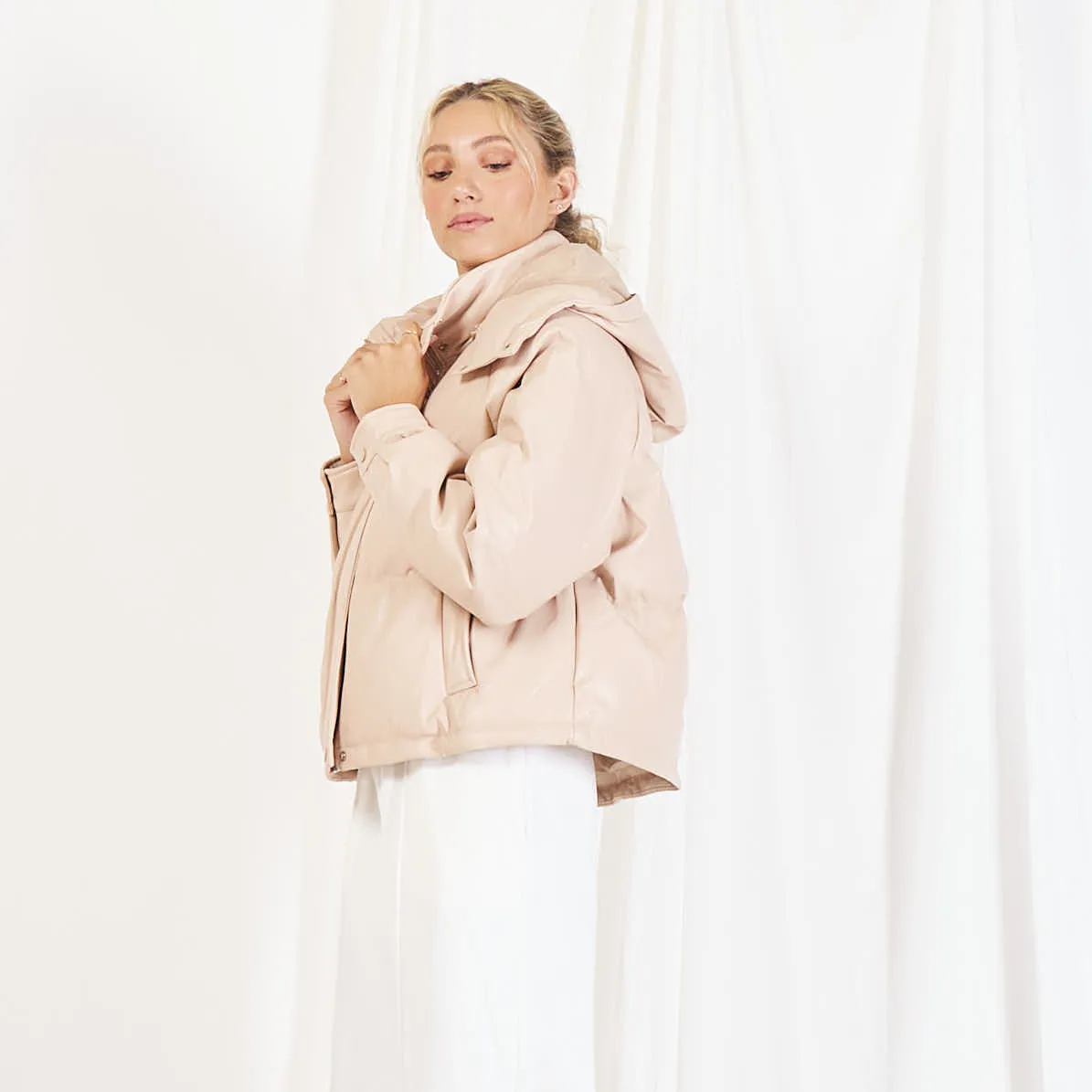 Wholesale leather padded jacket with detachable hood