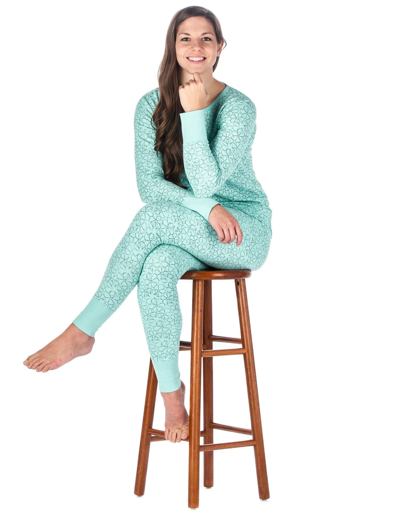 Women's Waffle Knit Thermal Sleep Set - Floral - Aqua